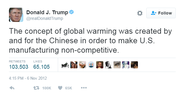 Donald Trump, riscaldamento globale complotto della Cina